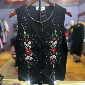 KIK IT Womens Black Christmas Poinsettia embroidered diamond crew Sweater Vest M